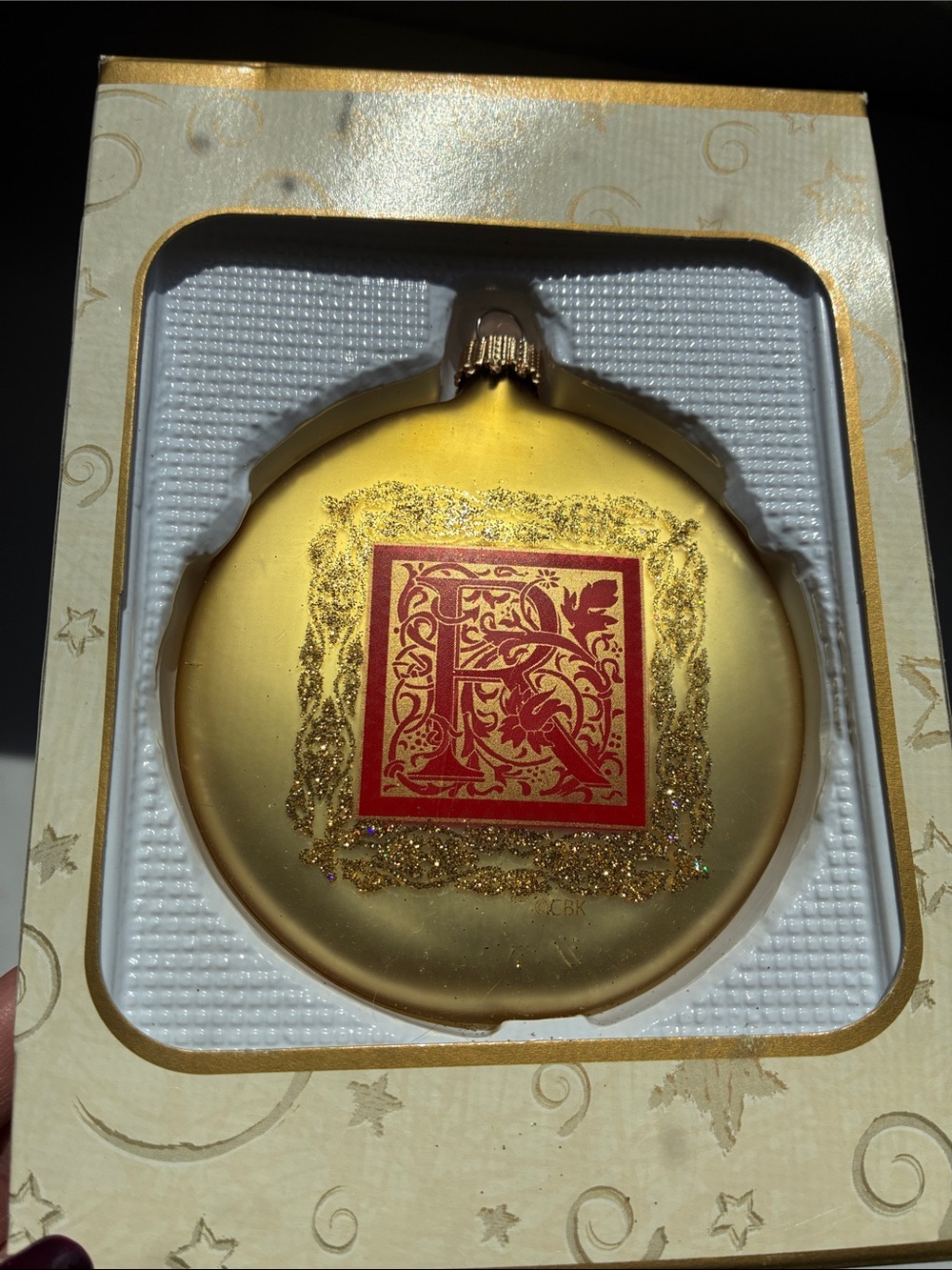 Gold Holiday Glass Ornament with Red Letter R - Decorative Keepsake